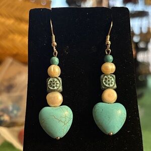 Hand Crafted Turquoise and Pearl Heart Earrings